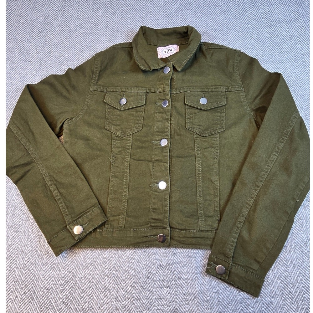 Diva Womens Olive Green Denim Trucker Jacket Size S 100% Cotton Utility Coat